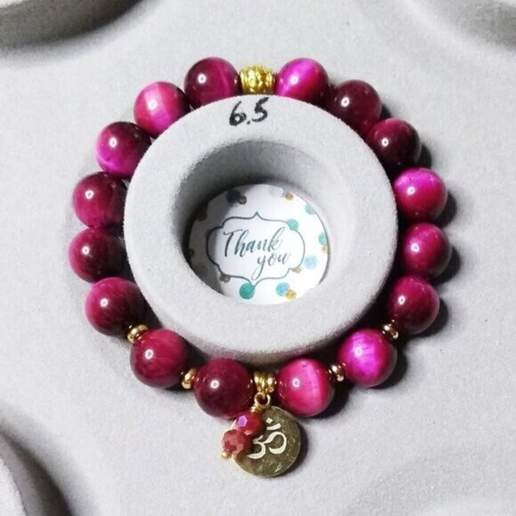 Upscale! Exclusive! Magenta & Hot Pink TigersEye w. Gold Om Aum Bracelet 6-6.5" - Picture 5 of 10